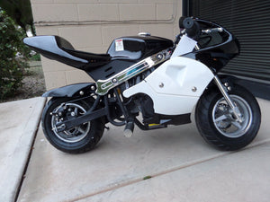 40cc Premium Gas Pocket Bike 4-Stroke in black/white combo sitting sideways revealing right foot peg and both tires (front and rear)