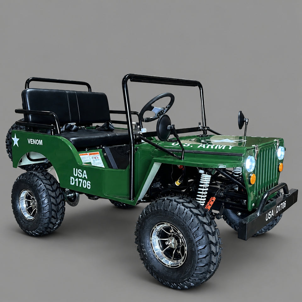 Venom 125cc Mini Jeep | Willys Edition | 3-Speed | Off Road Army Green