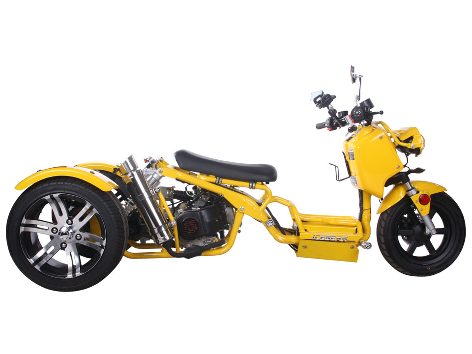 PST150-19N yellow side view. Ruckus clone scooters