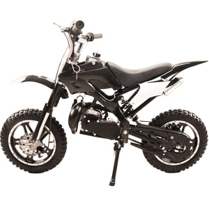 Black 49cc Premium Gas Dirt Bike Motocross 2-Stroke facing sideways with kick stand on in white background