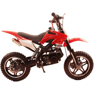 Red 49cc Premium Gas Dirt Bike Motocross 2-Stroke facing sideways showing 49cc engine with white background