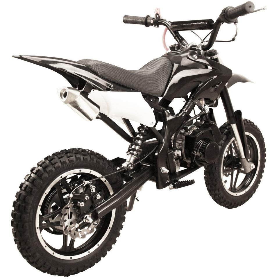 Black 49cc Premium Gas Dirt Bike Motocross 2-Stroke facing its rear revealing single exhaust pipe and rear disc brake with white background