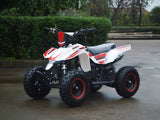 49cc Mini Quad ATV in red/white combo parked diagonally facing forward to the left