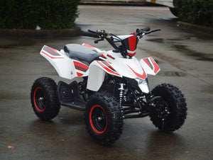49cc Mini Quad ATV in red/white combo parked diagonally facing forward to the right