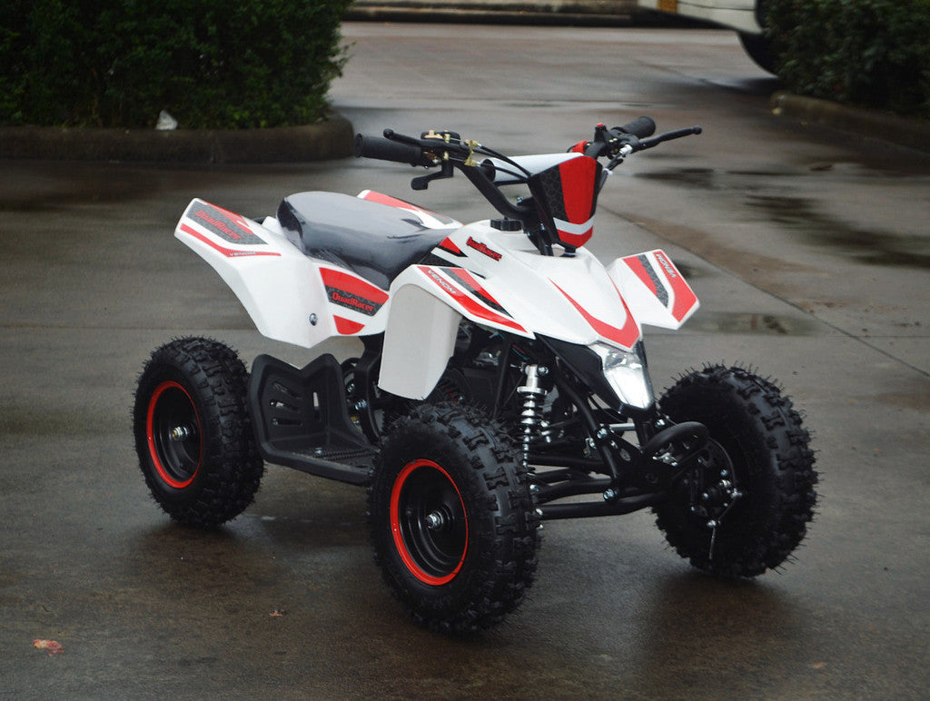 49cc Mini Quad ATV in red/white combo parked diagonally facing forward to the right