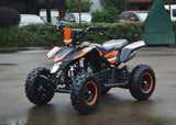 49cc Mini Quad ATV in orange/black combo parked diagonally facing forward to the left