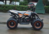 49cc Mini Quad ATV in orange/black combo parked sideways revealing right side / metal pull start side of ATV