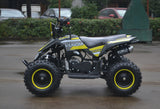 49cc Mini Quad ATV in yellow/black combo parked sideways showing its left side when sitting on the ATV. Free upgrade to matching yellow rims ($30 value) look nice.