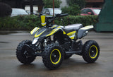 49cc Mini Quad ATV in yellow/black combo parked diagonally facing forward to the left