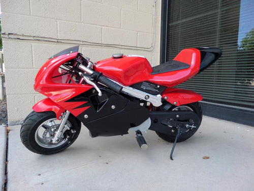 40cc Premium Gas Pocket Bike 4-Stroke in red/black combo facing forward revealing hand brake side. Red paint higher portion of pocket bike and black painting on lower portion of pocketbike