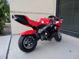 40cc Premium Gas Pocket Bike 4-Stroke in red/black combo revealing rear tire and exhaust. Red paint higher portion of pocket bike and black painting on lower portion of pocketbike