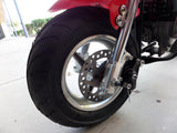 Red and black 40cc premium gas pocket bike 4-stroke front tire close up