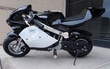 40cc Premium Gas Pocket Bike 4-Stroke in black/white combo sitting side ways revealing hand brake side, left foot peg, and kick stand. Black paint higher portion of pocket bike and white painting on lower portion of pocketbike