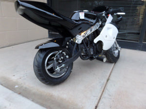 40cc Premium Gas Pocket Bike 4-Stroke in black/white combo rear of bike close up revealing rear tire and nice upgraded exhaust