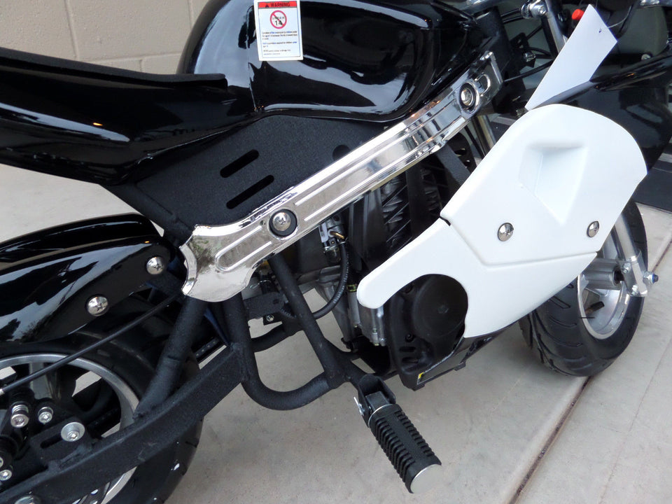 40cc Premium Gas Pocket Bike 4-Stroke in black/white combo sitting sideways revealing right foot peg close up