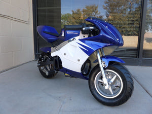 40cc Premium Gas Pocket Bike 4-Stroke in blue/white combo facing forward revealing throttle side