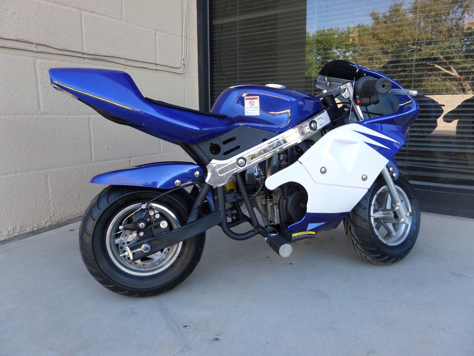 40cc Premium Gas Pocket Bike 4-Stroke in blue/white combo facing forward revealing throttle side, aluminum pull start, and right foot peg