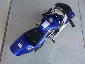 Birds eye view of 40cc Premium Gas Pocket Bike 4-Stroke in blue/white combo with handles sticking out. Full top of body in blue paint