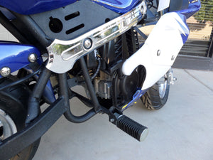 40cc Premium Gas Pocket Bike 4-Stroke in blue/white combo right foot peg close up