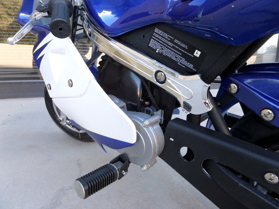 40cc Premium Gas Pocket Bike 4-Stroke in blue/white combo left foot peg close up