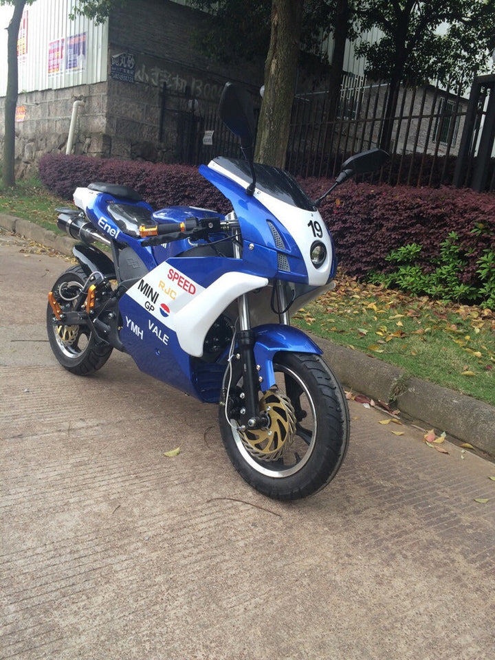 Venom Super Pocket Bike x19 Pocket Rocket 110cc in blue and white yamaha edition color combo facing forward with front headlights, gold monster handle bars, and big side view mirrors